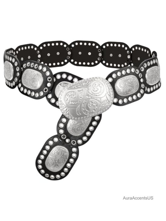 Accessories - Faux Leather Western Disc Belt with Engraved Buckle for Jeans Dress